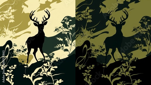 camouflage with deer side silhouette and gesture into the pattern  olive and dark green with navy colour combination  deer in random arrangement in different angle  16 9