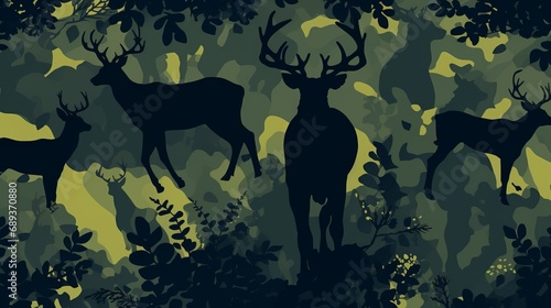 camouflage with deer side silhouette and gesture into the pattern, olive and dark green with navy colour combination, deer in random arrangement in different angle, 16:9 photo