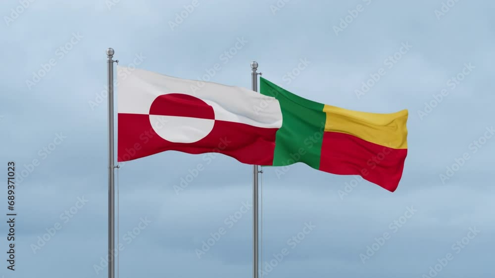 Greenland flag and Benin flag waving together on cloudy sky, endless seamless loop Greenland flag and Benin flag waving together on cloudy sky, endless seamless loop