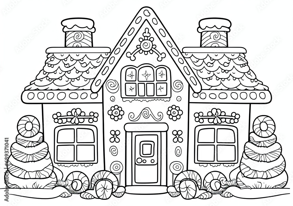 Dive into a sweet holiday activity with our 'Christmas Coloring Pages', depicting a whimsical gingerbread house, complete with candy decorations. Generative AI.