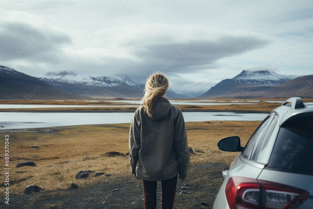 beautiful woman enjoying her trip to Iceland from a car