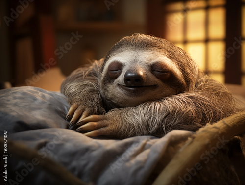 Relaxed Sloth Enjoying a Leisurely Sleep on a Comfortable Indoor Bed
