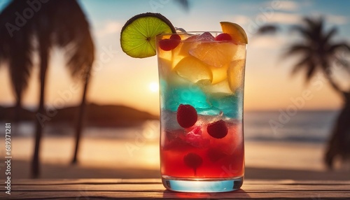 colorful tropical cocktail at the beach on wooden tab