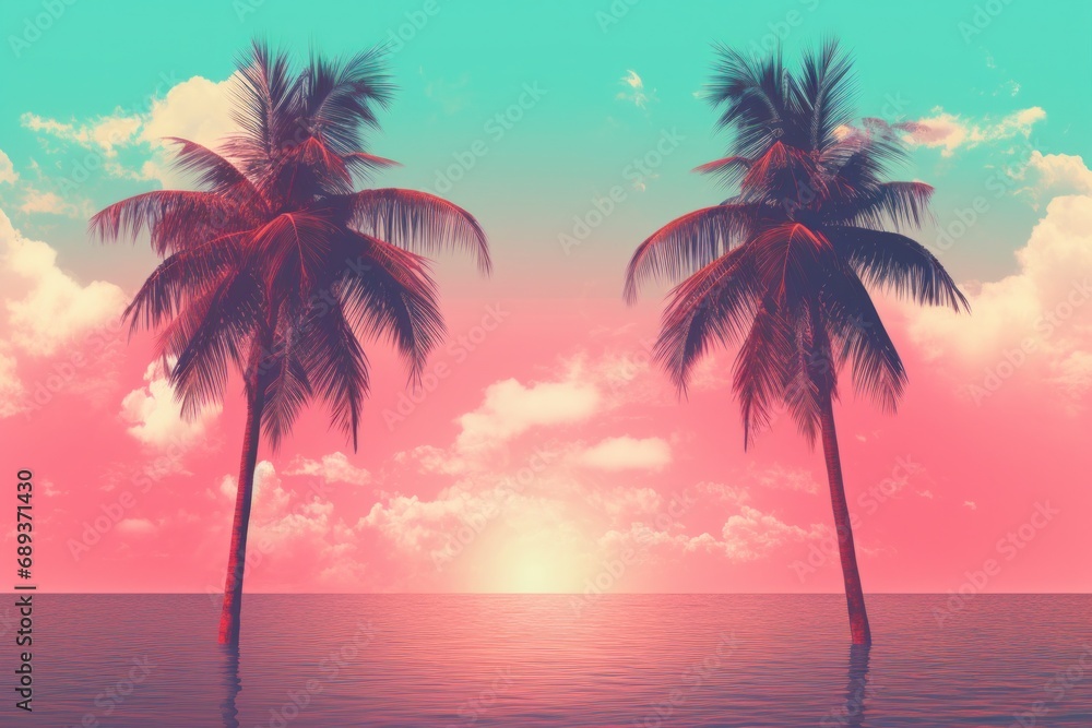 palm tree trees on the shore on a turquoise and pink beach background,