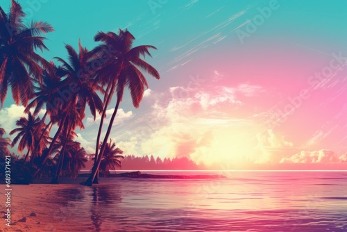 palm tree trees on the shore on a turquoise and pink beach background, © olegganko