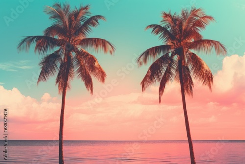 palm tree trees on the shore on a turquoise and pink beach background 