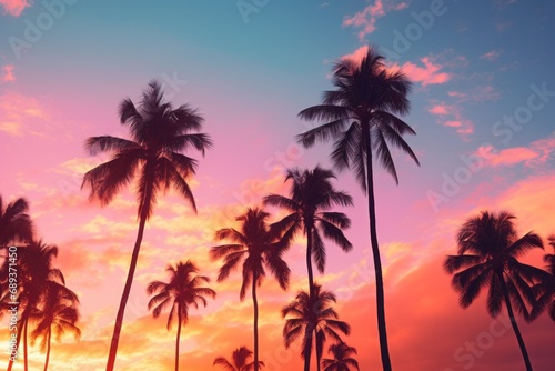 palm tree trees on the shore on a turquoise and pink beach background, © olegganko