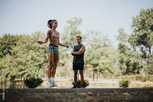 Caucasian couple jumps rope in a sunny park  showcasing their fit bodies and athletic skills. They enjoy outdoor fitness and a healthy lifestyle  engaging in challenging workouts with friends.