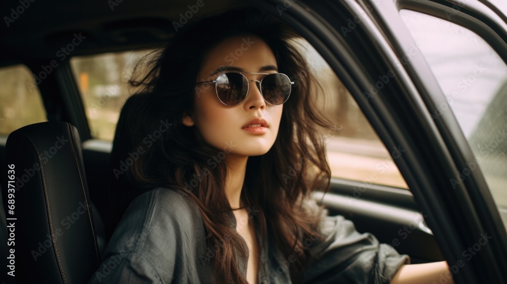 A woman sitting in a car wearing sunglasses. Generative AI.