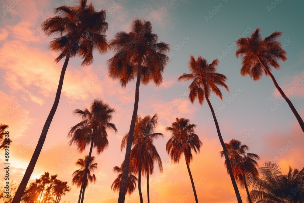 palm trees, sunset sky,