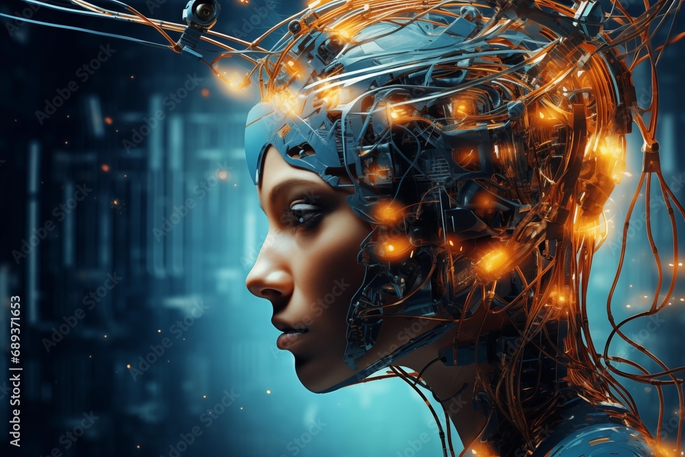 Abstrakte futuristische Frau mit digitalen Strängen, chaotische Energie, Roboter, KI und Digitalisierung