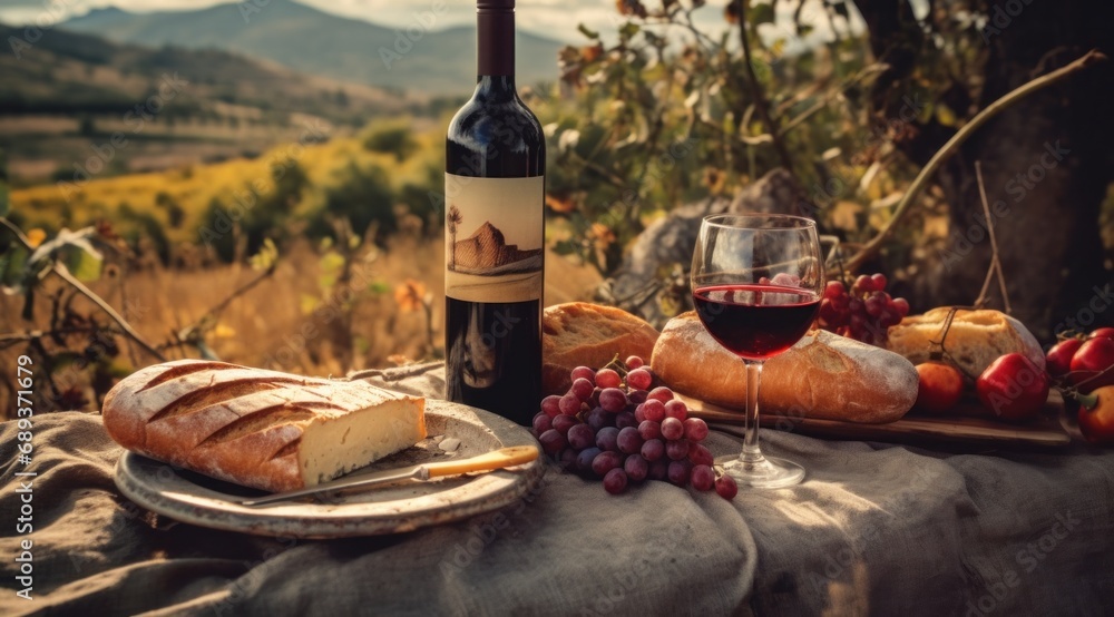 picnic table at the countryside with wine and bread,