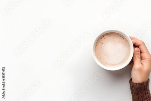 Hand hold cup of hot chocolate cocoa drink on white background. Top view. Generated AI