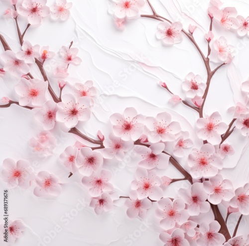 pink blossoming branches with light pink flowers on white background, © olegganko
