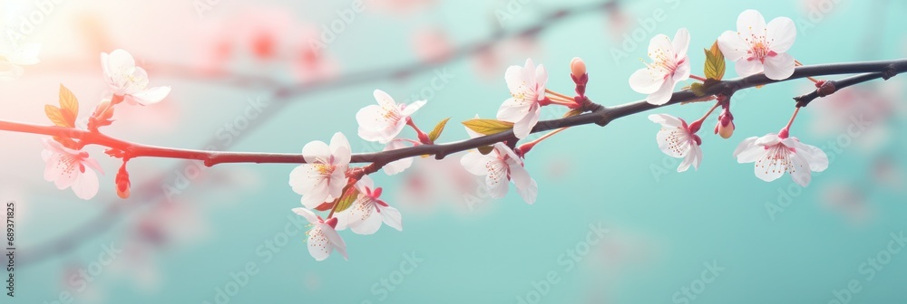 pink sakura branch with blossoms on a blue background, pink sakura branch with blossoms on a blue background,