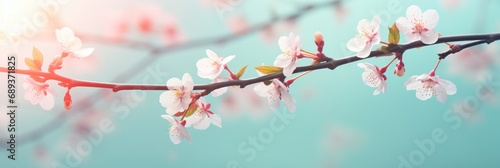 pink sakura branch with blossoms on a blue background 