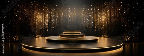 podium lit with golden lights on a black background,