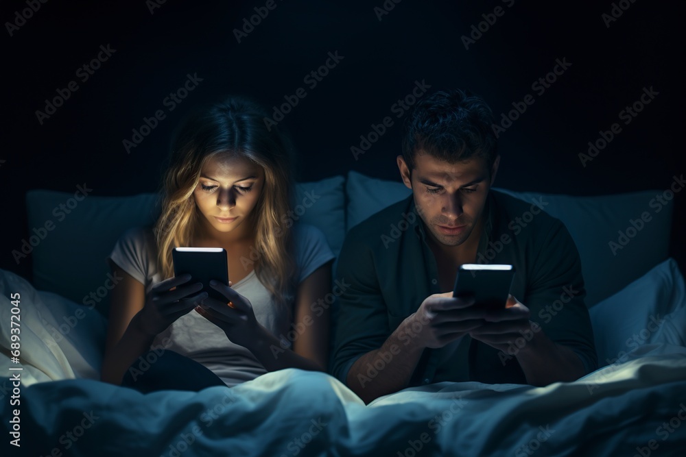 Naklejka premium young couple using their cell phone in bed