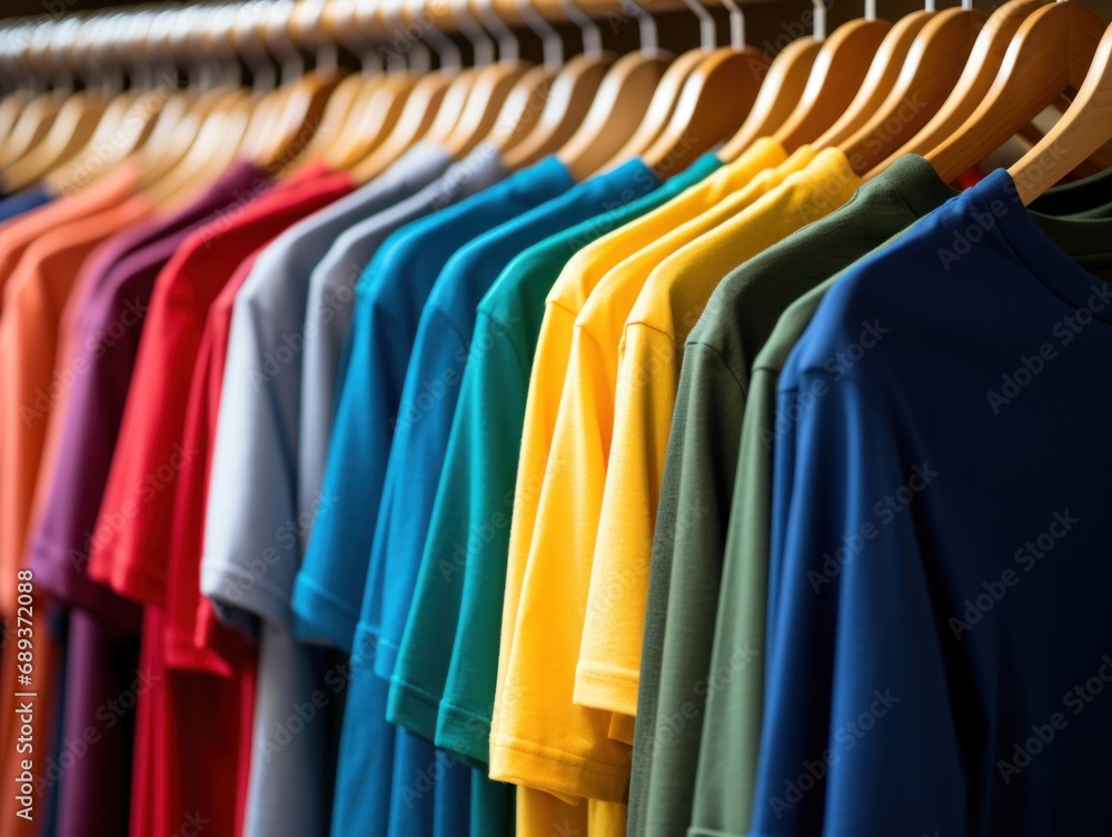 rainbow colored t shirts hanging on a rack in a store, rainbow colored t shirts hanging on a rack in a store,