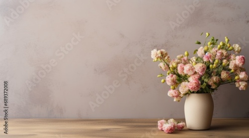 pretty flowers on concrete table with blank card,