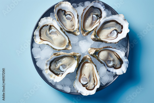 Close-up of oysters on a plate with ice. Top view.
