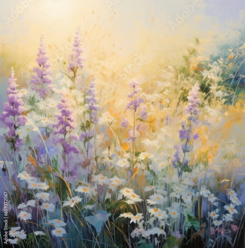 purple, white and blue flowers bloom in the field with sunlight streaming over them, © olegganko