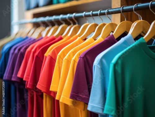 rainbow colored t shirts hanging on a rack in a store,