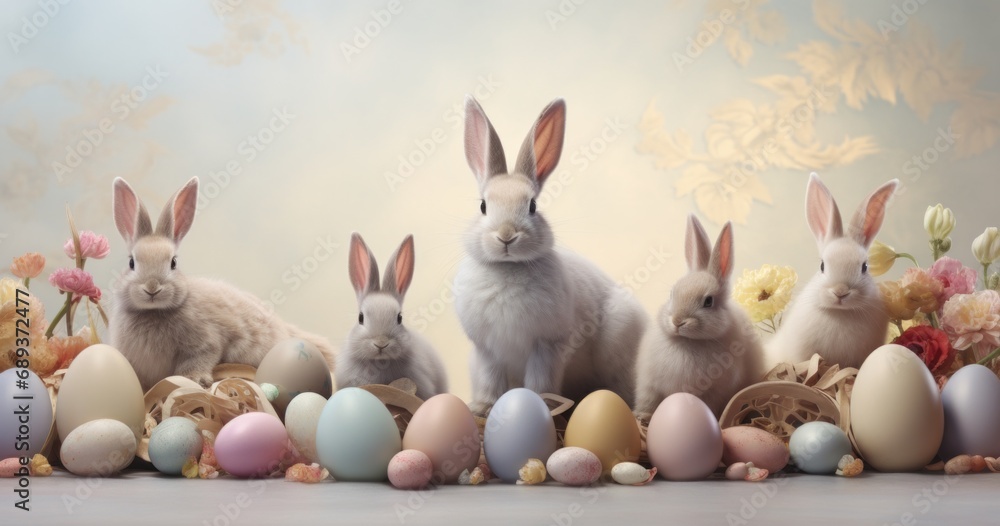 some rabbits in front of easter eggs,