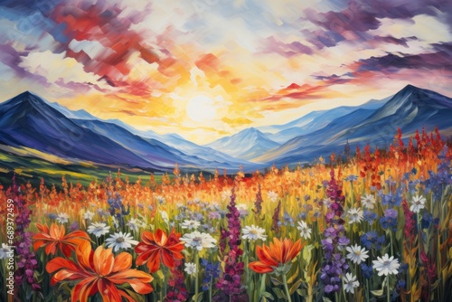some flowers and mountains with the sun over them,