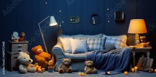 some furniture and stuffed toys in a blue room,