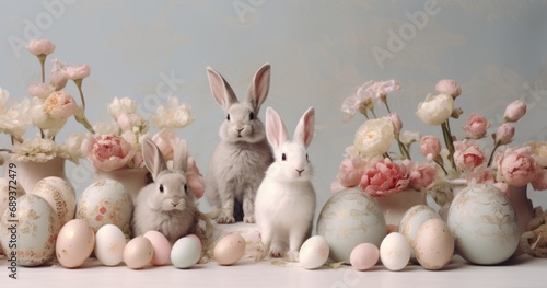 some rabbits in front of easter eggs,