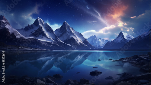 beautiful night starry sky with mountains and lake © Daniel