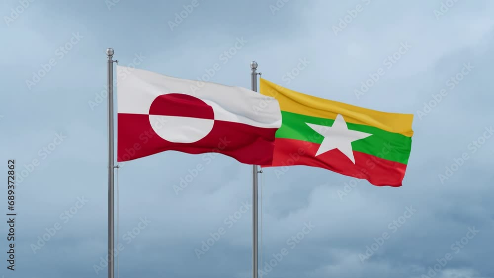 Myanmar aka Burma flag and Greenland flag waving together on cloudy sky, endless seamless loop, two country relations concept Myanmar aka Burma flag and Greenland flag waving together on cloudy sky, endless seamless loop, two country relations concept