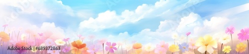 sun shining in the sky with flowers and blue sky, © olegganko