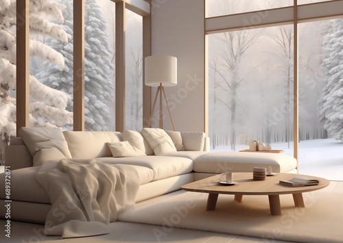 Living room beige  gray minimalist with sofa in winter
