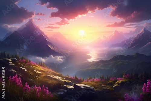 sunrise over a mountain with flowers,