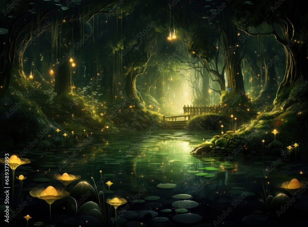 the background contains golden fairy lights and trees,