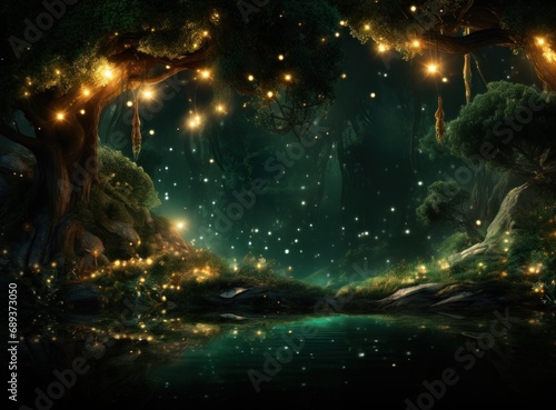 the background contains golden fairy lights and trees,