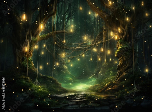 the background contains golden fairy lights and trees,