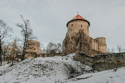 Ancient castle amidst snowy winter landscape with cloudy sky.