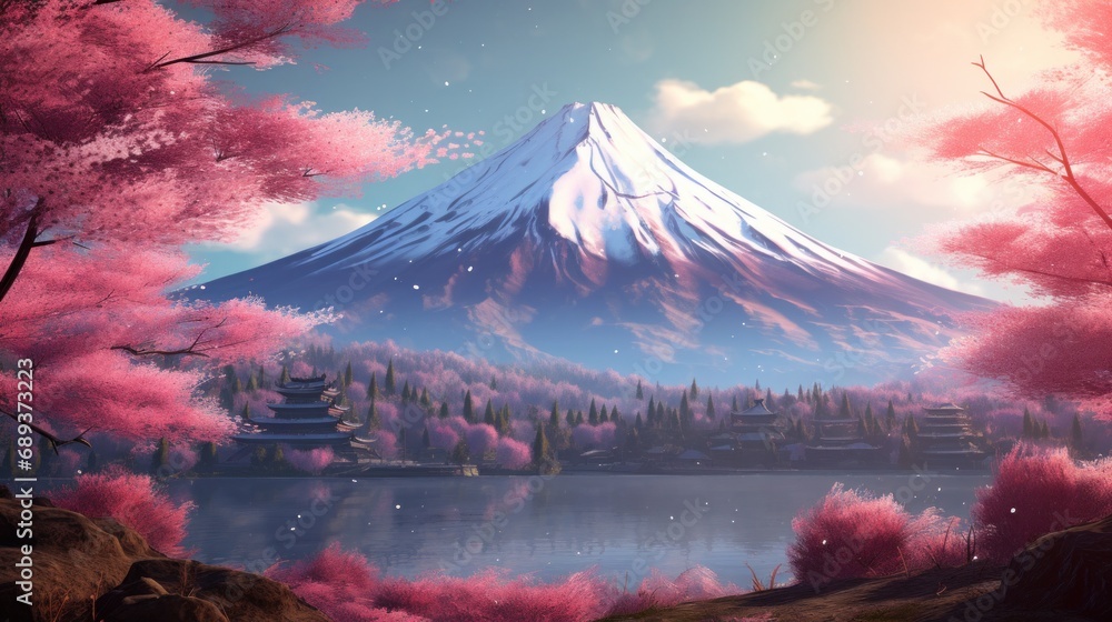 the mountains  with cherry blossoms in spring,