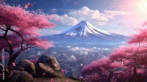 the mountains  with cherry blossoms in spring,