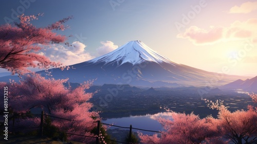 the mountains  with cherry blossoms in spring 