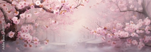 the pink blossoms of cherry trees are in motion, photo