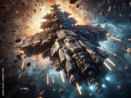 Fotobehang The Mighty Battlecruiser Iron Fist Emerges Amid an Asteroid Corona, Its Arsenal