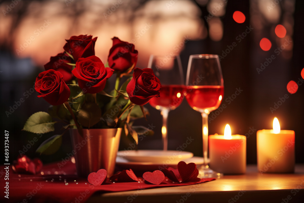 Bouquet of red roses on romantic dinner table with two wine glasses and lit candles at evening background Bouquet of red roses on romantic dinner table with two wine glasses and lit candles at evening background