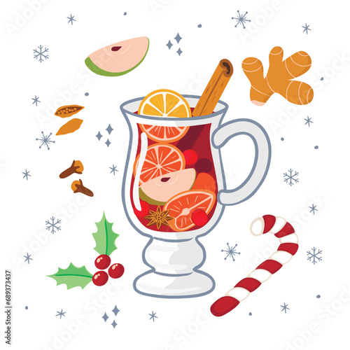 Cartoon winter mulled wine isolated on white background.Hot seasonal drink with oranges,like cinnamon,cranberry, apple, ginger.Candy stick,holly,spices.Christmas party food  illustration in vector.
