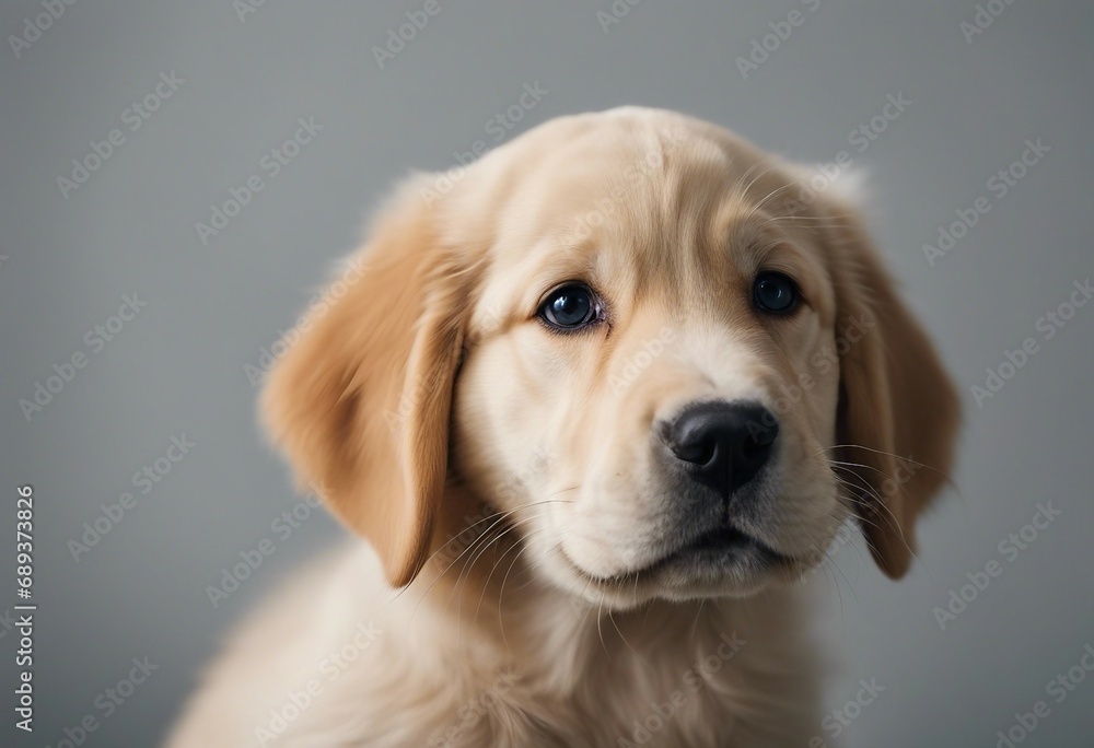 Cute little golden retriever dog puppy isolated on gray background with copy space area