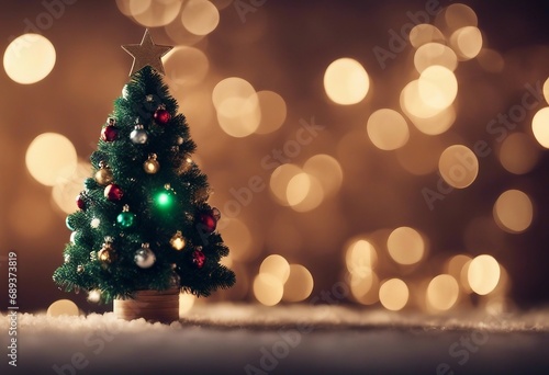 Cute miniature Christmas tree with blurred bokeh lights in the background