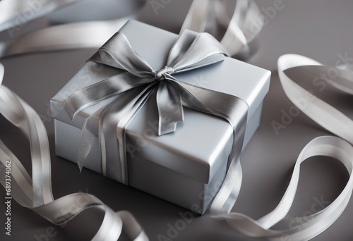 Silver gift box with long ribbon